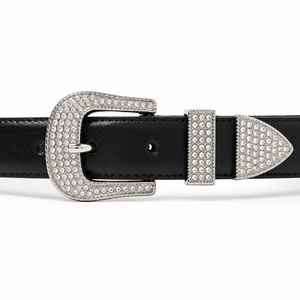 Ceinture en cuir PU pour femme avec strass, ceinture noire style western cowgirl avec boucle en cristal argenté, ceinture de taille tendance pour femme, vente en gros - Product Image 2