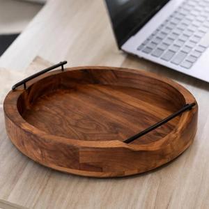 Bandeja Redonda Moderna de Nogal para Servir con Asas de Metal Negro, Decoración Minimalista para Mesa, Bandeja Redonda de Lujo para Mesa de Centro, Madera Maciza - Product Image 2