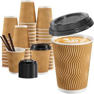 Confezione da 90 bicchieri di carta isolati a parete ondulata da 350 ml con coperchi e cannucce, bicchieri usa e getta per caffè - Product Image 1