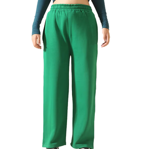Pantalon large en molleton vert pour femme, taille haute élastique, coupe ample, longueur intégrale, couleur unie, avec poches, pour l'automne - Product Image 1