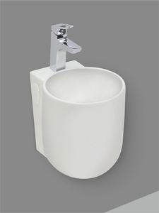 Lavabo de cerámica redondo, integrado, suspendido en la pared, con un solo orificio, monomando, compacto, para baño, color blanco brillante. - Product Image 2