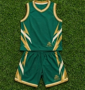 Ensemble d'uniformes de basketball unisexe les plus vendus, vert doré, sublimé, col en V, sans manches, anti-humidité, coupe athlétique, logo personnalisé - Product Image 3
