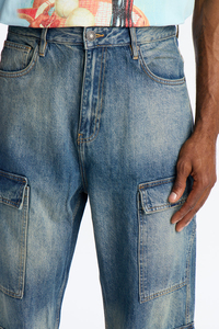 Pantalones Cargo de Mezclilla para Hombre, Cintura Media, Corte Holgado, Lavado a la Piedra, con Bolsillos con Cremallera, Estilo Casual Urbano, para Verano - Product Image 2
