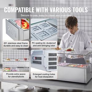 Attrezzatura di Refrigerazione per Cucine Commerciali, Stazione di Preparazione Condimenti da Banco 140 W con 3 Vaschette 1/3 e 4 Vaschette 1/6 in Acciaio Inox 304 - Product Image 6