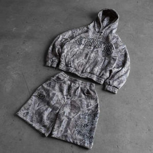 Conjunto de Sudadera con Capucha y Pantalones Cortos para Hombre, Estilo Vintage, Oversize, Desgastado, con Parche Bordado, de Felpa Francesa de Algodón, con Estampado Como y Cremallera - Product Image 4