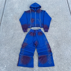 Custom Spray Fade Rhinestone Hoodie Set Heavyweight <b>Crop</b> <b>Zip</b> <b>Up</b> Fleece Tracksuit Vintage Yellow Acid Wash Streetwear Sweatpants - Product Image 2