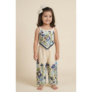 Ensemble coordonné sans manches pour enfants, brodé, en coton khadi, avec travail floral en dori et nœud assorti, pour les fêtes et les tenues décontractées. - Product Image 6