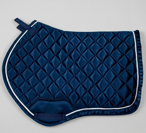 Manta de Silla de Montar Ecuestre Premium Azul Marino con Corte de Diamante, Acolchado Fino de Algodón, Base Antideslizante, Volantes de Tela Blanca, 18mm - Product Image 1