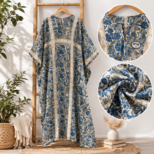 ชุดเดรสยาวแบบคาฟตัน พิมพ์ลายด้วยมือ ผ้าฝ้าย คอเสื้อแบบโยก ไหล่ตก แต่งขอบ ดีไซน์ทำมือสำหรับผู้หญิง เหมาะสำหรับใส่ไปเที่ยวชายหาดหรือรีสอร์ท - Product Image 4