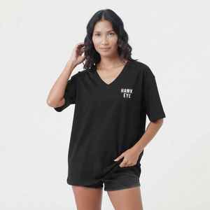 Women's Black V-Neck Short Sleeve T-Shirt Loose Fit 100% Cotton Casual Jersey Print Logo <b>Top</b> - Product Image 1