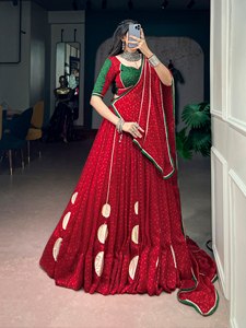 VISHNU K DESIGNS LAHENGA CHOLI GEORGETTE ESTAMPADO con encaje GPTTA PATTI y encaje GAMTHI MIROOR, traje largo hasta el suelo para fiesta - Product Image 2