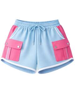 Ensemble crop top à capuche et short color block rose et bleu pour femme, avec poches, tenue décontractée deux pièces en molleton de coton, vente en gros fabricant - Product Image 2