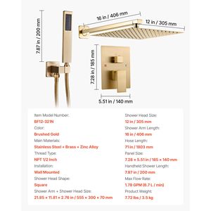 Wall Mounted 12 Inch Square Rainfall Bathroom <b>Shower</b> System Handheld Spray with Rain <b>Shower</b> Head <b>Bath</b> Hardware <b>Sets</b> - Product Image 3