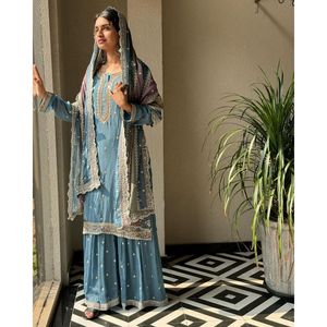 Ensemble de vêtements de soirée pour femmes avec haut de travail séquentiel Plazzo Dupatta - Product Image 3