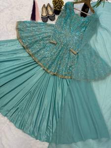 Faux Georgette Sea <b>Green</b> Sharara Suit Set Heavy Sequins Embroidered Peplum Kurti with Lehenga Skirt Traditional Indian Wedding - Product Image 3