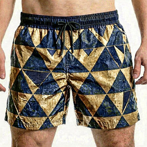 Traje de Baño para Hombre, Azul Dorado con Estampado Geométrico, Secado Rápido, Cintura Media con Cordón, Shorts Casuales, 100% Poliéster Tejido - Product Image 1