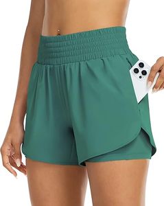 Shorts Deportivos de Cintura Alta para Mujer, Color Verde Sólido, Cintura Elástica, Secado Rápido, Tejido de Punto, con Bolsillos, Corte Regular - Product Image 1