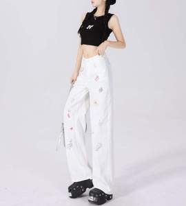 Women's Mid Wide Leg Cotton Breathable Quick Dry Pants with Hand Embroidery Loose Fit Full Length Casual Summer - Product Image 2