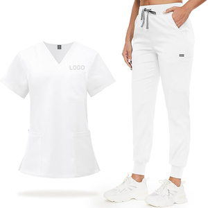 Conjunto de Uniforme Médico Unisex Blanco, Top con Cuello en V y Bolsillos, Pantalones con Cordón, Uniforme de Hospital, Algodón y Poliéster Tejido - Product Image 1