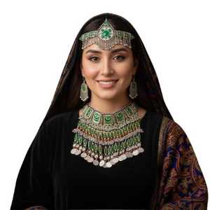 Afghan Handmade Tribal Jewelry Set In Royal Purple Featuring Intricately Designed Choker Necklace With Square And Circular - Product Image 1