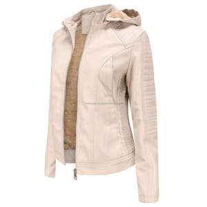 Élégant Beige élégant à capuche Moto cuir polyvalent vestes pour femmes avec doublure Sherpa fermeture à glissière confort Durable - Product Image 4