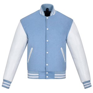 Veste d'hiver pour homme sur mesure en laine bleu ciel avec manches en cuir blanc, col montant, broderies, patchs et étiquettes - Product Image 5