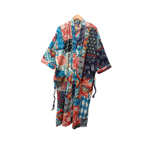 Kimono de algodón estilo boho con patchwork para mujer, manga larga, estampado multicolor, con cinturón, ropa de estar por casa, hecho a mano, cubrebaño de algodón. - Product Image 1