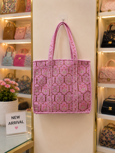 Le Souvenirs for Floral Handmade Eco-Friendly Quilted Cotton Print Fashion Lightweight <b>Canvas</b> <b>Tote</b> Bag Customizable Zipper - Product Image 1