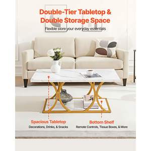 Modern 2-Tier <b>White</b> Faux Marble <b>Coffee</b> <b>Table</b> Minimalist Metal Frame Geometric Legs Sturdy End Desk for Living Room Office Easy - Product Image 4