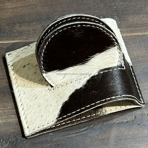 Wholesale Non-slip Genuine Leather Round Kitchen Supplies Cowhide Placemat Cup <b>Mat</b> Table Coaster Set with Stand for Dining Table - Product Image 4