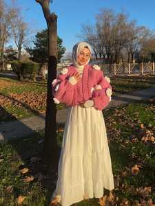 Pink Hand Knitted Puff Sleeve Sweater With Daisy Flowers Crew Neck Women's Autumn Pullover Sweet Style Thick Acrylic Knitwear - Product Image 3