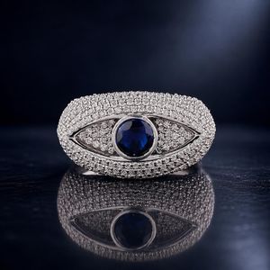 925 Sterling <b>Silver</b> Blue Sapphire Diamond <b>Ring</b> Pave Set Luxury Round Center Stone <b>Statement</b> Jewelry Hip Hop <b>Ring</b> - Product Image 1