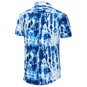 เสื้อเชิ้ตแขนสั้นสไตล์ฮาวายลายมัดย้อมสำหรับผู้ชาย สีน้ำเงินขาว ลำลอง ปกคอพับ ระบายอากาศได้ดี ผลิตจากโพลีเอสเตอร์ 100% เหมาะสำหรับใส่ในฤดูร้อน - Product Image 4