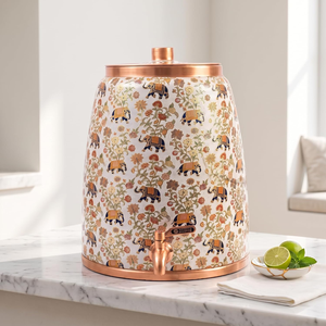 Distributeur d'eau décoratif en cuivre pur avec robinet, pot à eau en cuivre imprimé avec couvercle, pot de stockage de boissons traditionnel pour la maison - Product Image 1