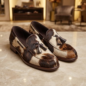 Mocassins en cuir véritable à imprimé animal en crin de cheval, bout rond, à enfiler, pour hommes, doublure en cuir véritable, semelle amortie, toutes saisons - Product Image 1