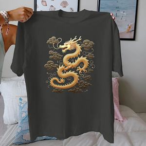 T-shirt pour femme en pur coton au design traditionnel du dragon doré coupe confortable - Product Image 1