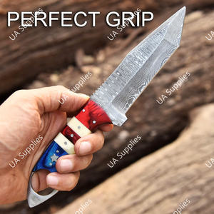 Cuchillo de caza de acero de Damasco forjado a mano, de espiga completa, con orificio para el dedo, para camping al aire libre, de alta resistencia, con funda de cuero, OEM ODM DIY - Product Image 3