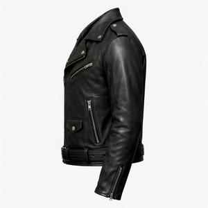 Chaqueta de cuero genuino de piel de oveja para hombre, estilo bomber, para motocicleta, color negro. - Product Image 3