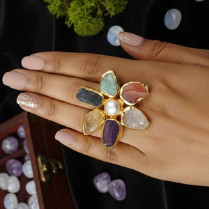 Six Multi Stone Handmade Brass <b>Ring</b> <b>Adjustable</b> Natural Stone Traditional Jewelry Gift for Women Customise <b>Ring</b> Daily Wear - Product Image 2