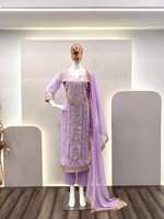 Ensemble haut, pantalon et dupatta BEUTIQUE TENDANCE HAUTE QUALITÉ 4 SAISONS en FAUX GEORGETTE LOURDE BRODÉE AVEC DES DÉTAILS EN FEUILLE VÉRITABLE, pour FÊTE, MARIAGE, CASUEL