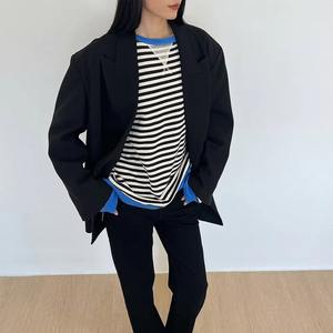 OEM Customized Logo <b>Patchwork</b> Jumper Cotton Long Sleeve Casual Crew Neck Pullover <b>Tops</b> Striped Oversized Sweatshirt for Women - Product Image 4