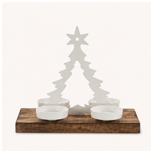 Porte-bougie chauffe-plat moderne en métal blanc pour sapin de Noël, base en bois naturel, 4 coupelles, écologique, durable, décoration d'intérieur - Product Image 1