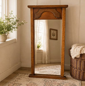 Modern natural light wood <b>full</b> <b>length</b> floor <b>mirror</b> crafted with a scalloped carved frame, available at wholesale prices. - Product Image 4