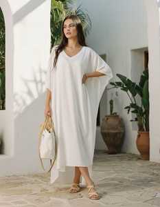 Vestido Kaftán de Lino Blanco, Vestido Midi de Lino Oversize, Vestido Minimalista para Resort, Vestido Holgado de Lino para Verano, Cubrebaño de Playa para Mujer - Product Image 5