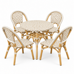 Juego de comedor de ratán para exteriores, mesa redonda de 4 plazas con sillas, patrón gris y blanco, muebles de jardín contemporáneos, resistentes a la intemperie - Product Image 5