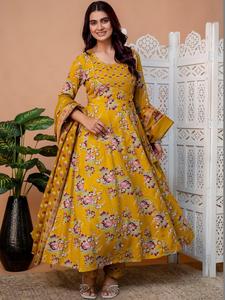 Yellow Floral Printed Cotton <b>Kurta</b> Set Regular Fit Knee-Length Traditional Indian/Pakistani Summer Casual Women's <b>Dress</b> Quick - Product Image 1