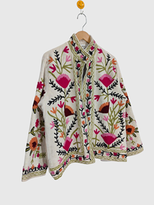 Veste florale brodée à la main, col mandarin, grande taille, veste en coton pour le printemps, style chic prairie pour femmes - Product Image 2