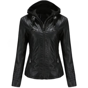 แจ็คเก็ตหนังเทียมสไตล์ไบค์เกอร์สีดำสุดฮิตสำหรับผู้หญิงไซส์พลัส พร้อมซิปและฮู้ด ขายดีมากจาก MotoCollection - Product Image 1