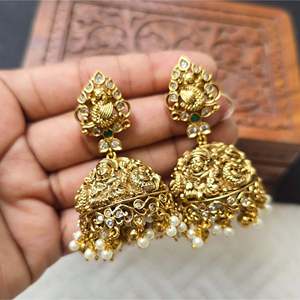 Mahalakshmi Antique Gold Plated Brass Drop Earrings with Diamond Pearl and Moissanite - Product Image 1
