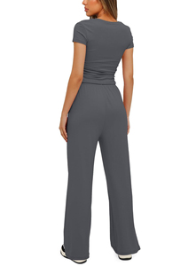 Ensemble décontracté 2 pièces pour femme : crop top uni à manches courtes et short en spandex respirant avec cordon de serrage, coupe ajustée, printemps/été - Product Image 2